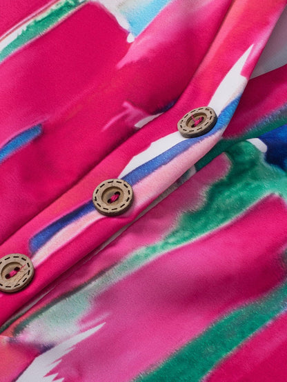 Brushed Rose V Neck Blouse with Abstract Print and Button Detail