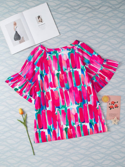 Brushed Rose V Neck Blouse with Abstract Print and Button Detail
