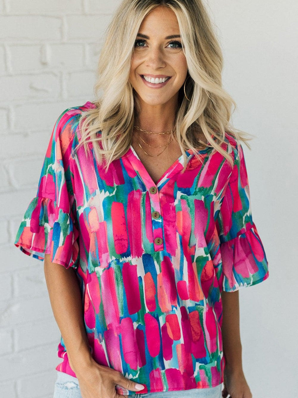 Brushed Rose V Neck Blouse with Abstract Print and Button Detail