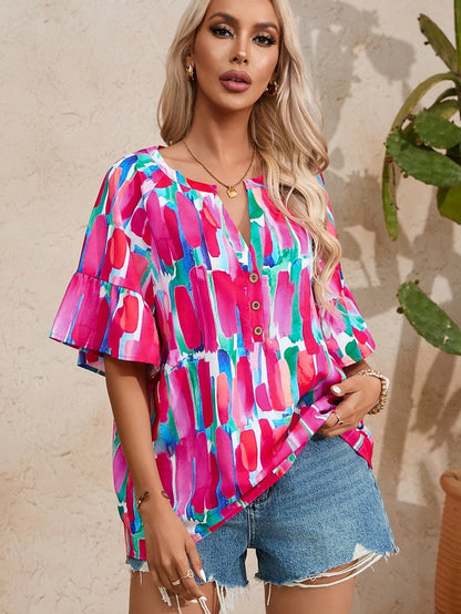 Brushed Rose V Neck Blouse with Abstract Print and Button Detail