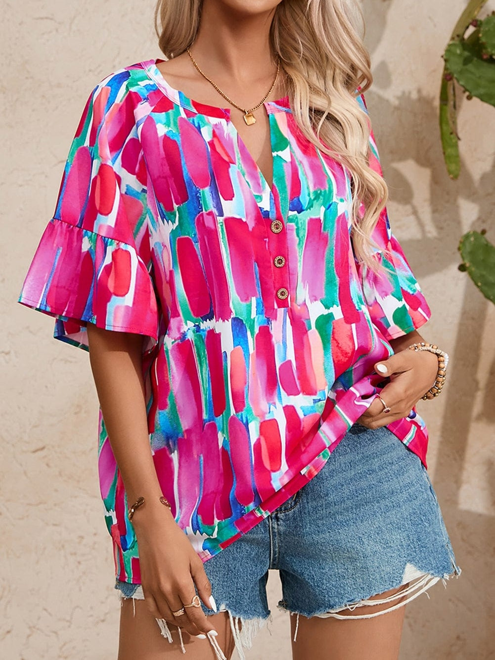 Brushed Rose V Neck Blouse with Abstract Print and Button Detail