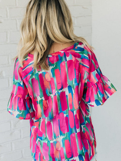 Brushed Rose V Neck Blouse with Abstract Print and Button Detail