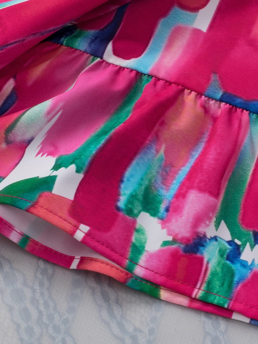 Brushed Rose V Neck Blouse with Abstract Print and Button Detail