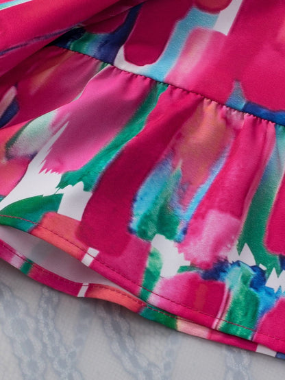 Brushed Rose V Neck Blouse with Abstract Print and Button Detail