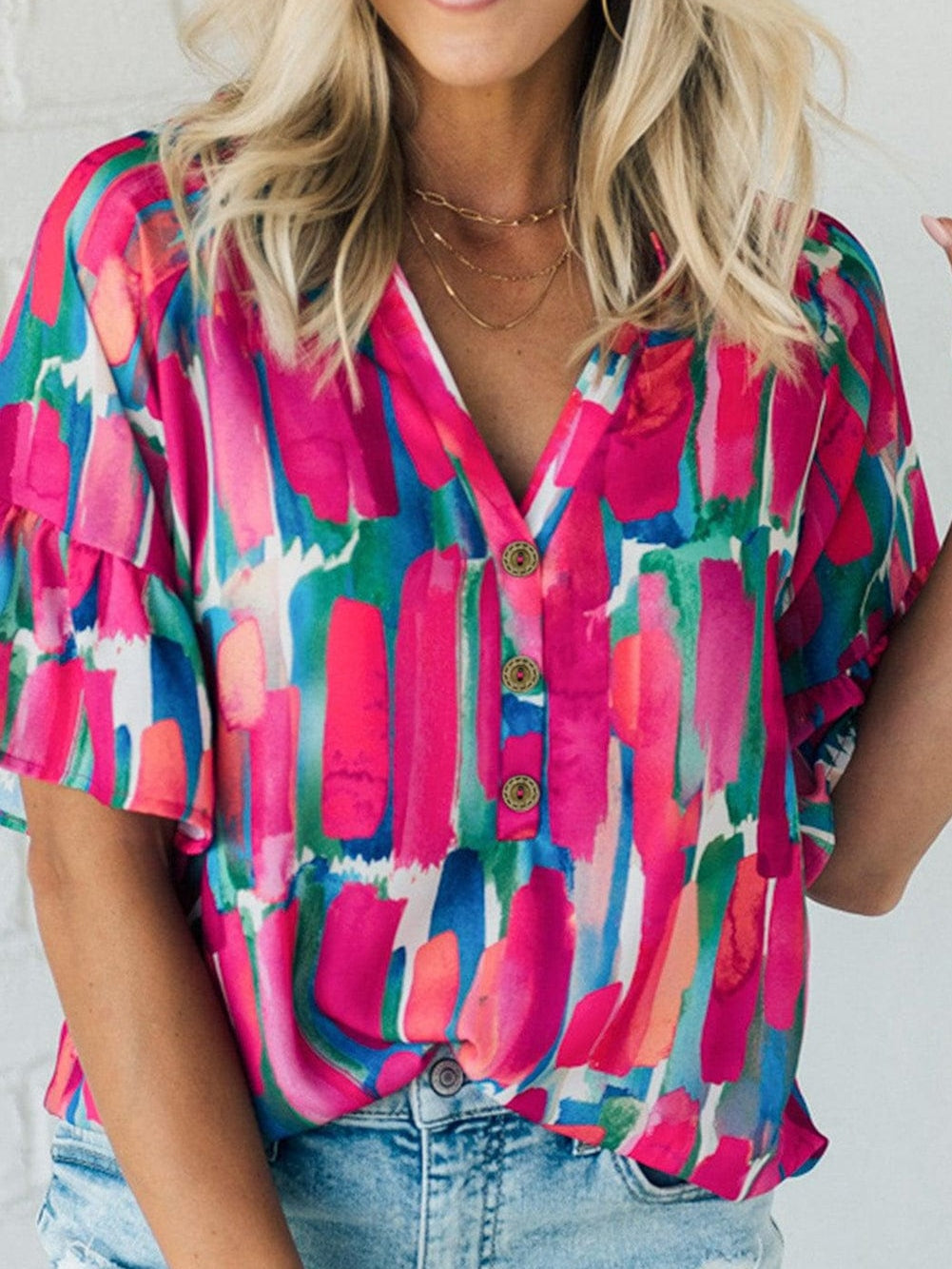 Brushed Rose V Neck Blouse with Abstract Print and Button Detail