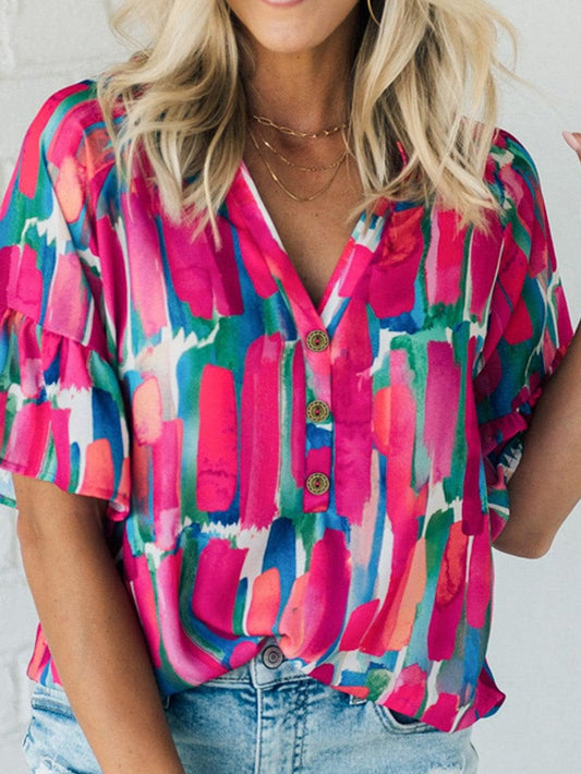 Brushed Rose V Neck Blouse with Abstract Print and Button Detail