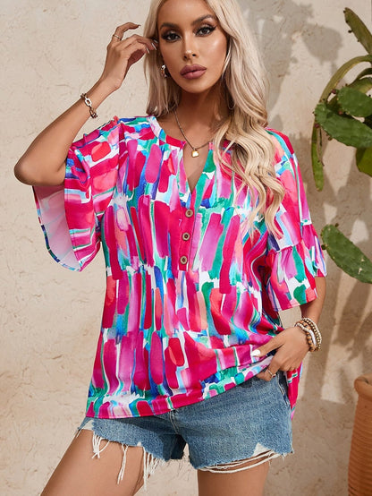 Brushed Rose V Neck Blouse with Abstract Print and Button Detail
