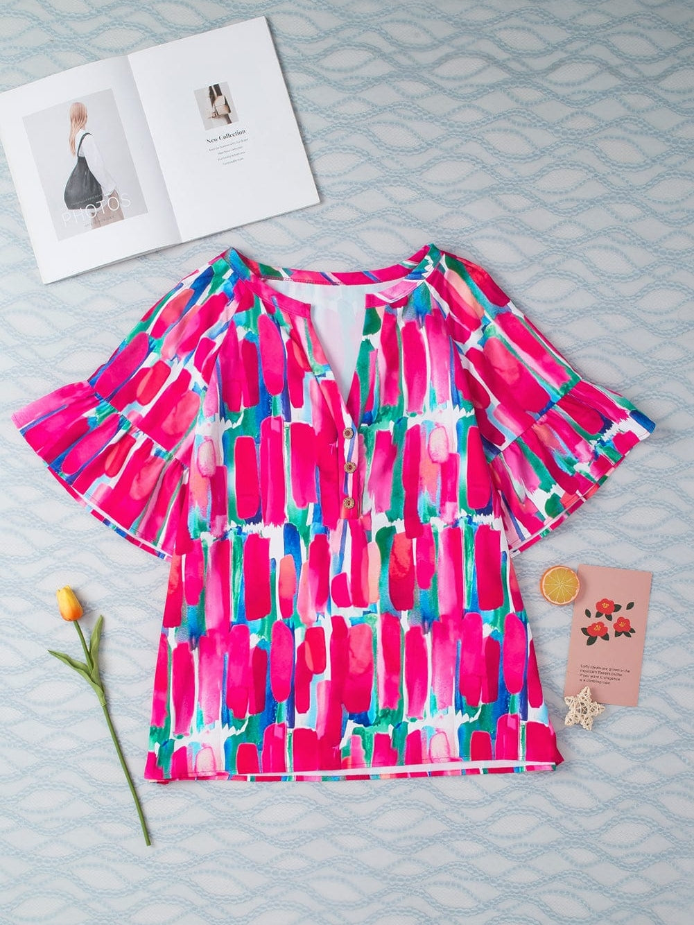 Brushed Rose V Neck Blouse with Abstract Print and Button Detail