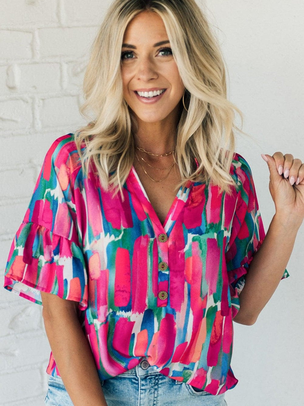 Brushed Rose V Neck Blouse with Abstract Print and Button Detail