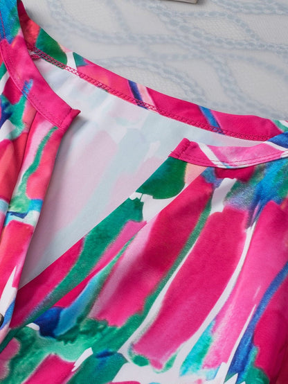 Brushed Rose V Neck Blouse with Abstract Print and Button Detail