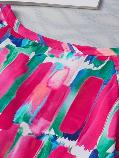 Brushed Rose V Neck Blouse with Abstract Print and Button Detail