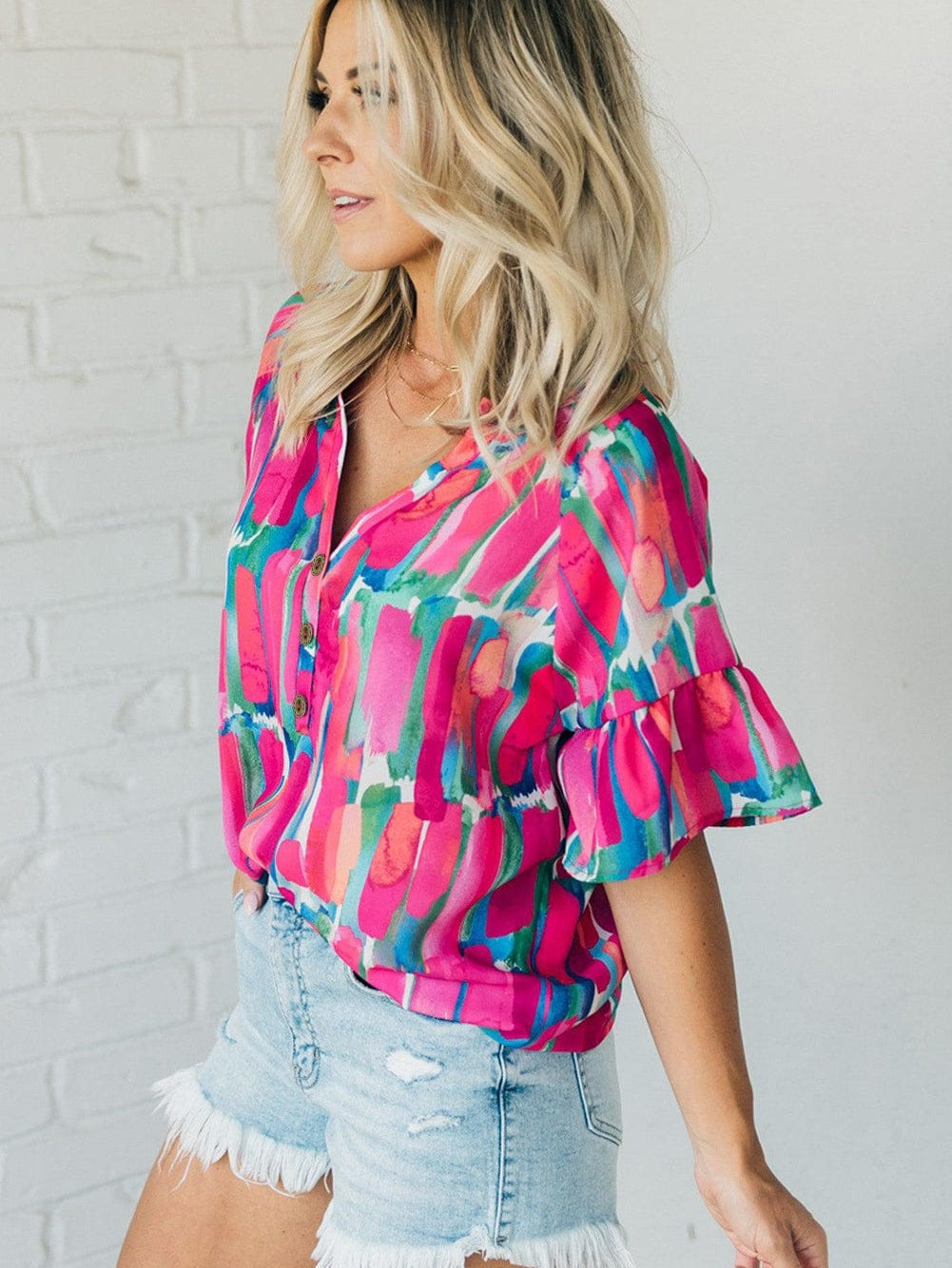 Brushed Rose V Neck Blouse with Abstract Print and Button Detail