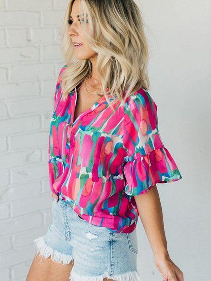 Brushed Rose V Neck Blouse with Abstract Print and Button Detail