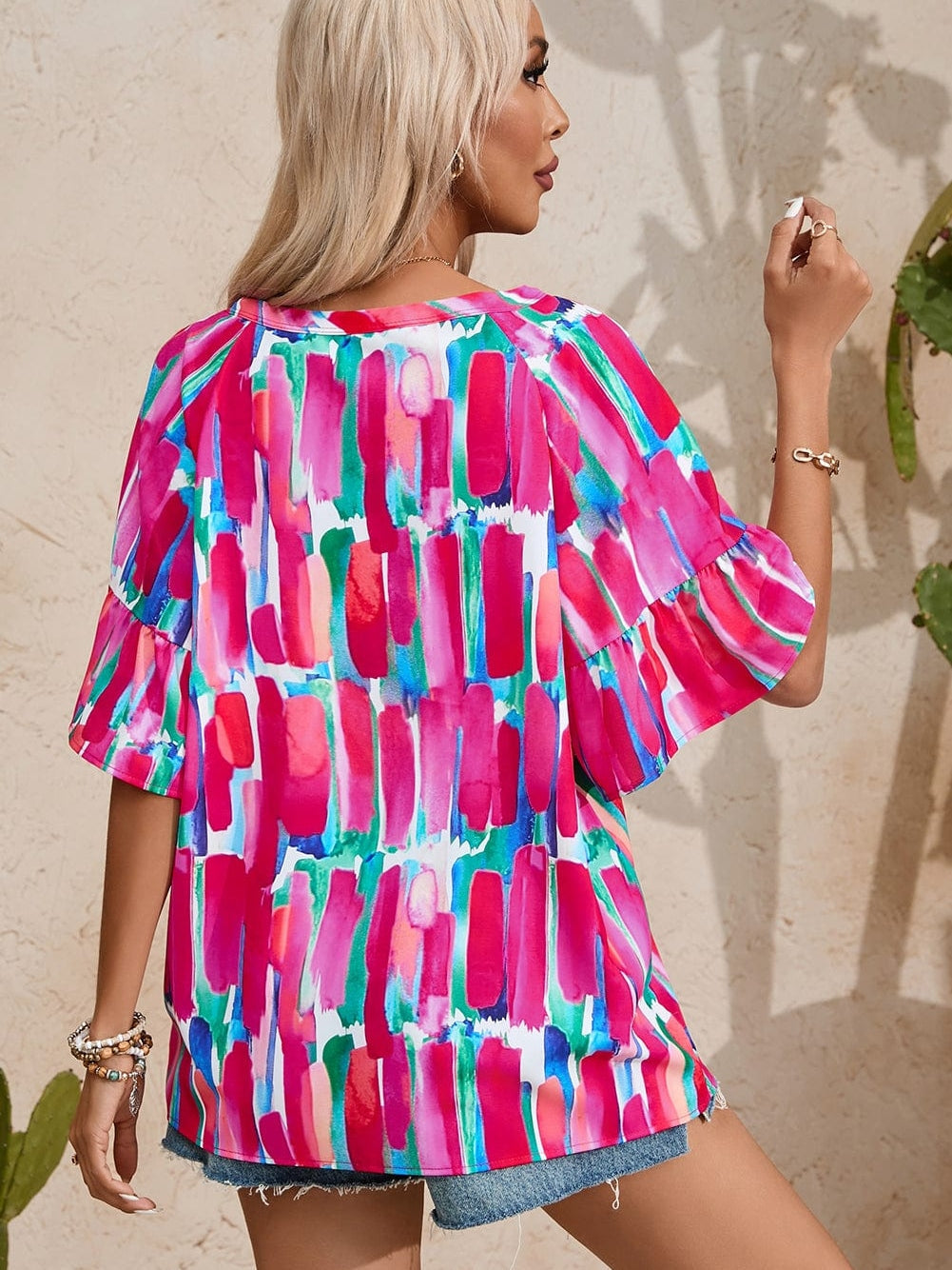 Brushed Rose V Neck Blouse with Abstract Print and Button Detail