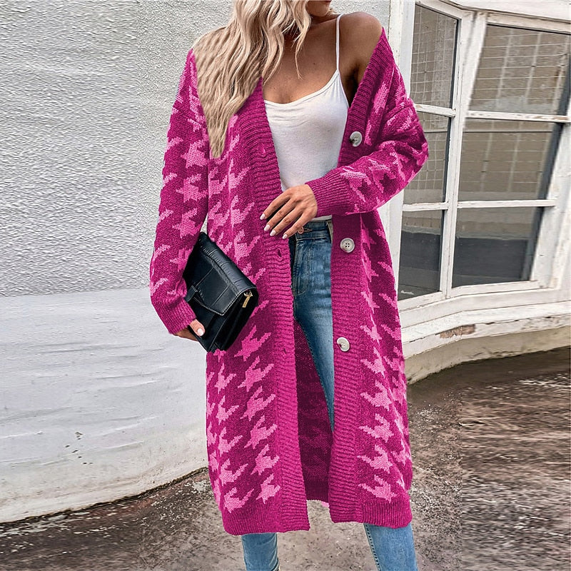 Women's Cardigan Sweater Jumper Ribbed Knit Tunic Button Knitted Houndstooth V Neck Stylish Elegant Outdoor Daily Winter Fall Fuchsia Gray S M L / Long Sleeve / Holiday / Casual / Regular Fit