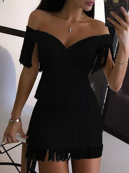 Women's Dress - Semi Formal Party Dress Wedding Guest Dress Fringe Dress Sheath Dress Mini Dress Black White Sleeveless Pure Color Tassel Fringe Fall Spring Summer V Neck Fashion Birthday 2023 S M L XL