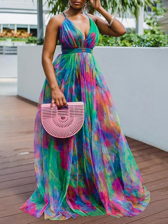Women's Dress - Plus Size Curve Party Dress Sundress Tie Dye V Neck Print Sleeveless Spring Summer Formal Prom Dress Maxi long Dress Party Vacation Dress / Party Dress