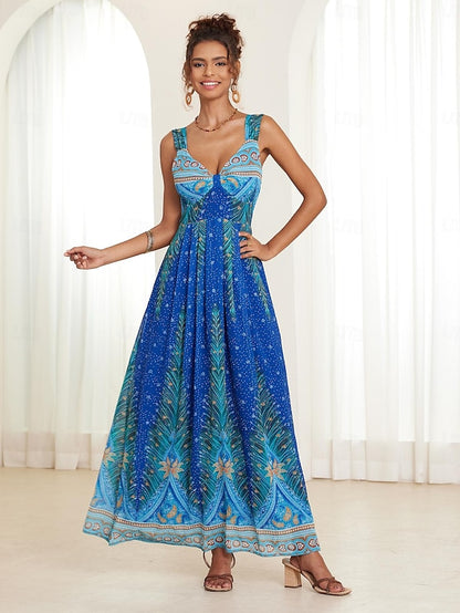 Women's Chiffon A Line Dress Slip Dress Print V Neck Maxi Dress Boho Date Vacation Sleeveless Summer