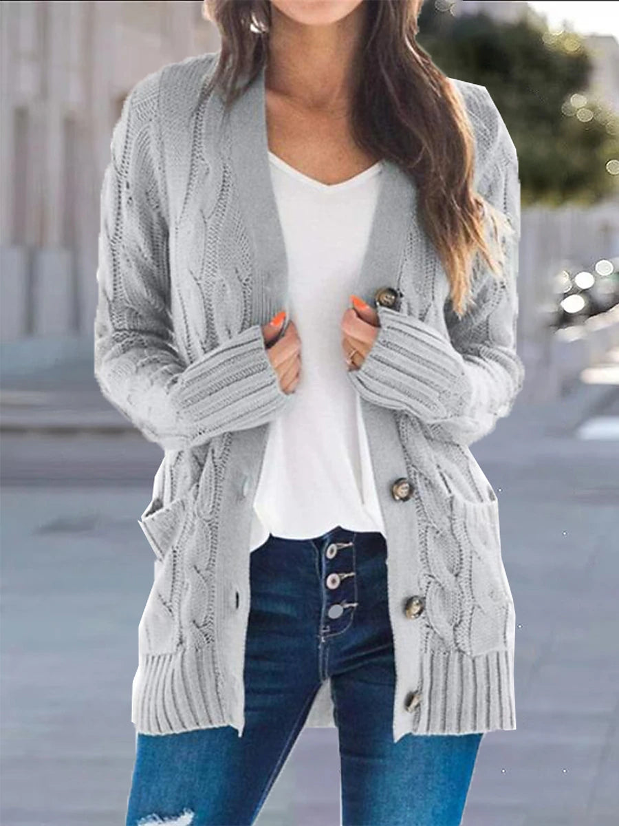Women's Cardigan Sweater Open Front Cable Chunky Knit Button Pocket Fall Winter Tunic Daily Casual Soft Long Sleeve Solid Color Dark powder Black White S M L