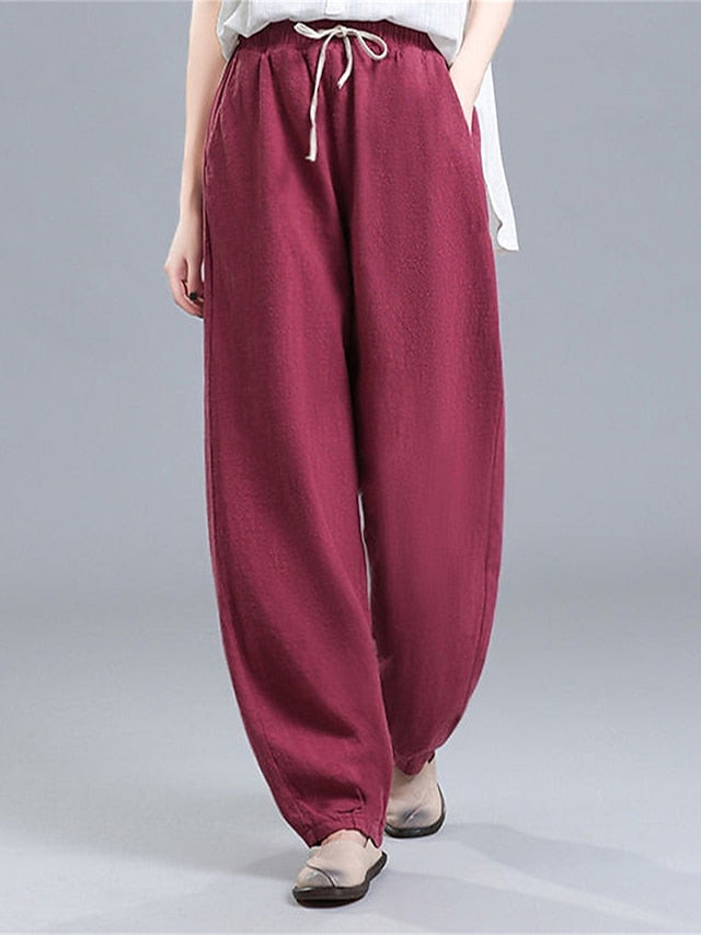 Women's Pants Trousers Linen Cotton Blend Plain Black White Vacation High Waist Full Length Outdoor Street Fall Winter