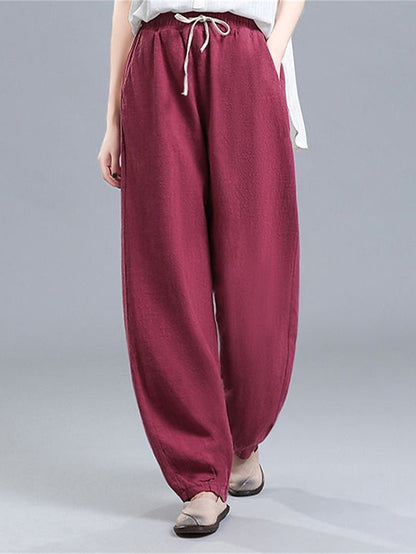 Women's Pants Trousers Linen Cotton Blend Plain Black White Vacation High Waist Full Length Outdoor Street Fall Winter