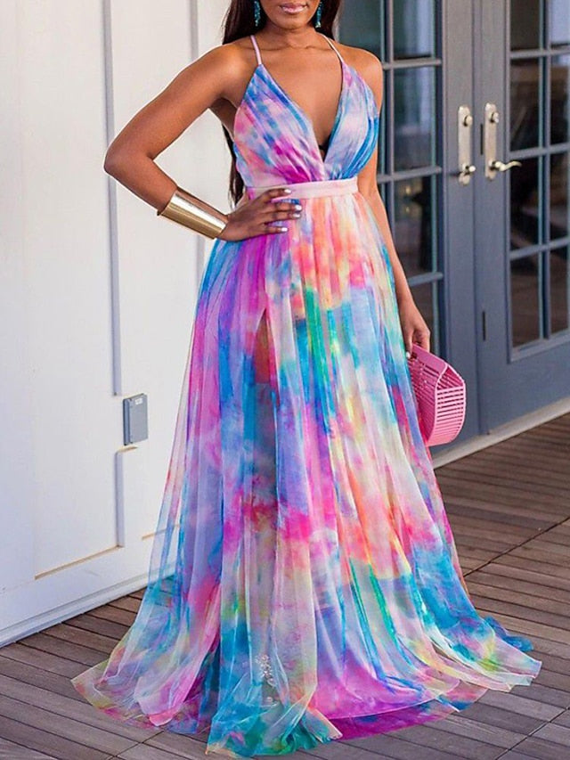 Women's Dress - Plus Size Curve Party Dress Sundress Tie Dye V Neck Print Sleeveless Spring Summer Formal Prom Dress Maxi long Dress Party Vacation Dress / Party Dress
