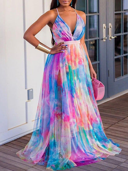 Women's Dress - Plus Size Curve Party Dress Sundress Tie Dye V Neck Print Sleeveless Spring Summer Formal Prom Dress Maxi long Dress Party Vacation Dress / Party Dress