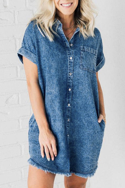 Button Short Sleeve Denim Shirt Dress