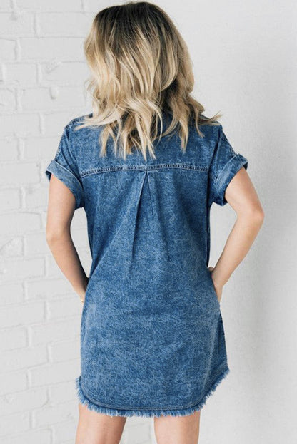 Button Short Sleeve Denim Shirt Dress