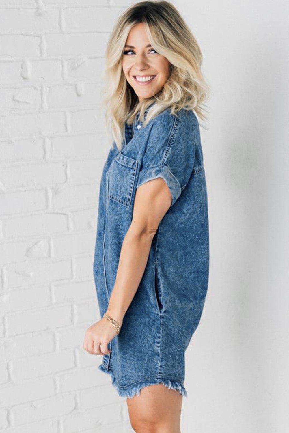 Button Short Sleeve Denim Shirt Dress