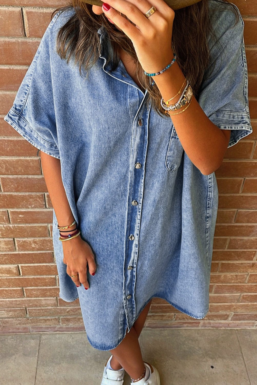 Button Short Sleeve Denim Shirt Dress