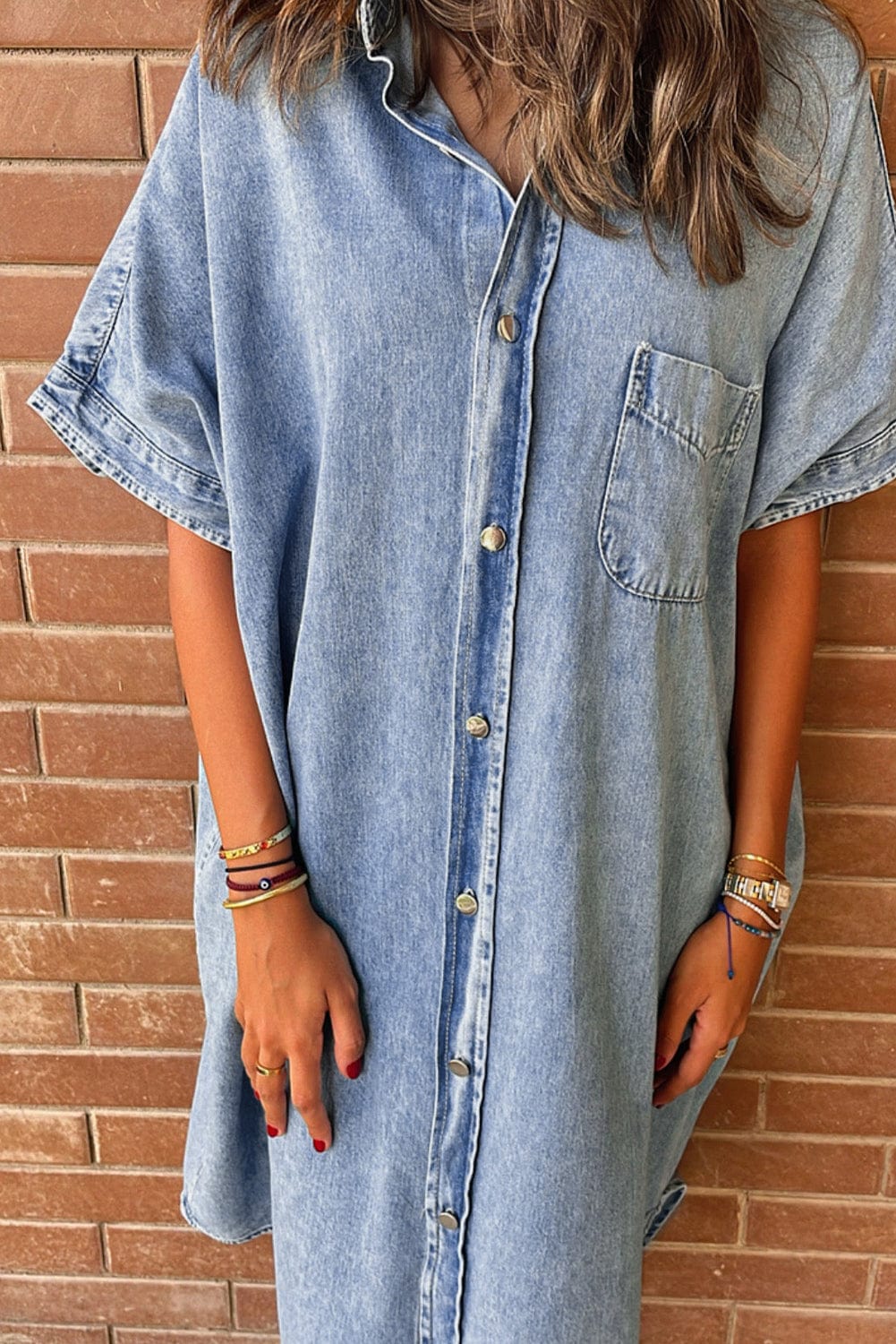 Button Short Sleeve Denim Shirt Dress