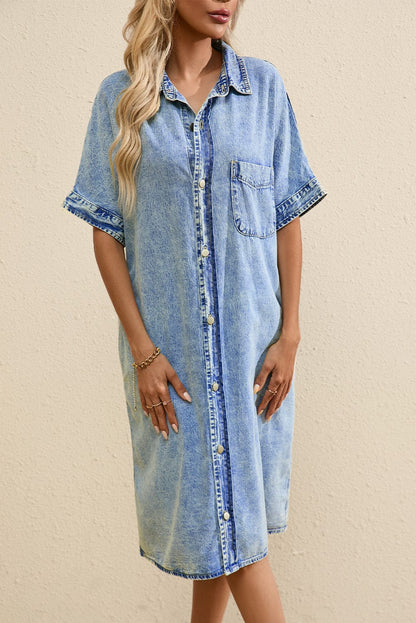 Button Short Sleeve Denim Shirt Dress