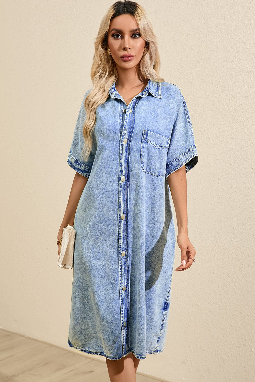 Button Short Sleeve Denim Shirt Dress