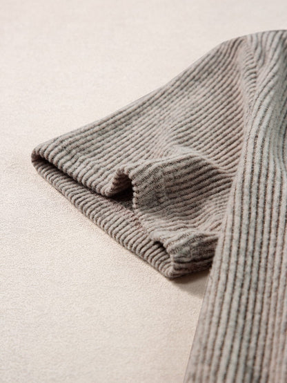 Buttoned V Neck Pale Khaki Ribbed Tee with Straps