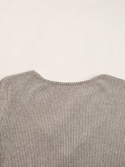 Buttoned V Neck Pale Khaki Ribbed Tee with Straps