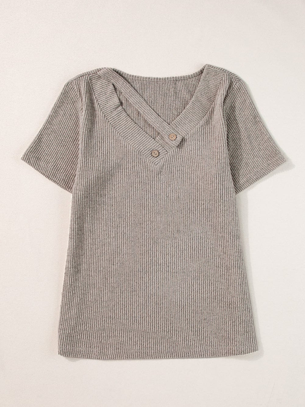 Buttoned V Neck Pale Khaki Ribbed Tee with Straps