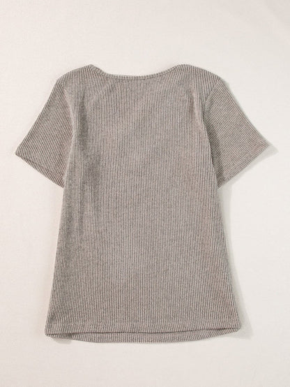 Buttoned V Neck Pale Khaki Ribbed Tee with Straps