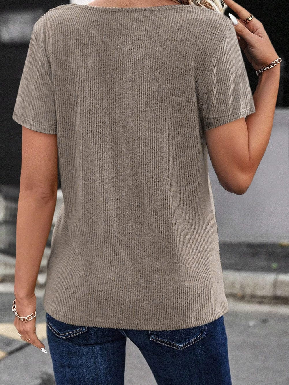 Buttoned V Neck Pale Khaki Ribbed Tee with Straps
