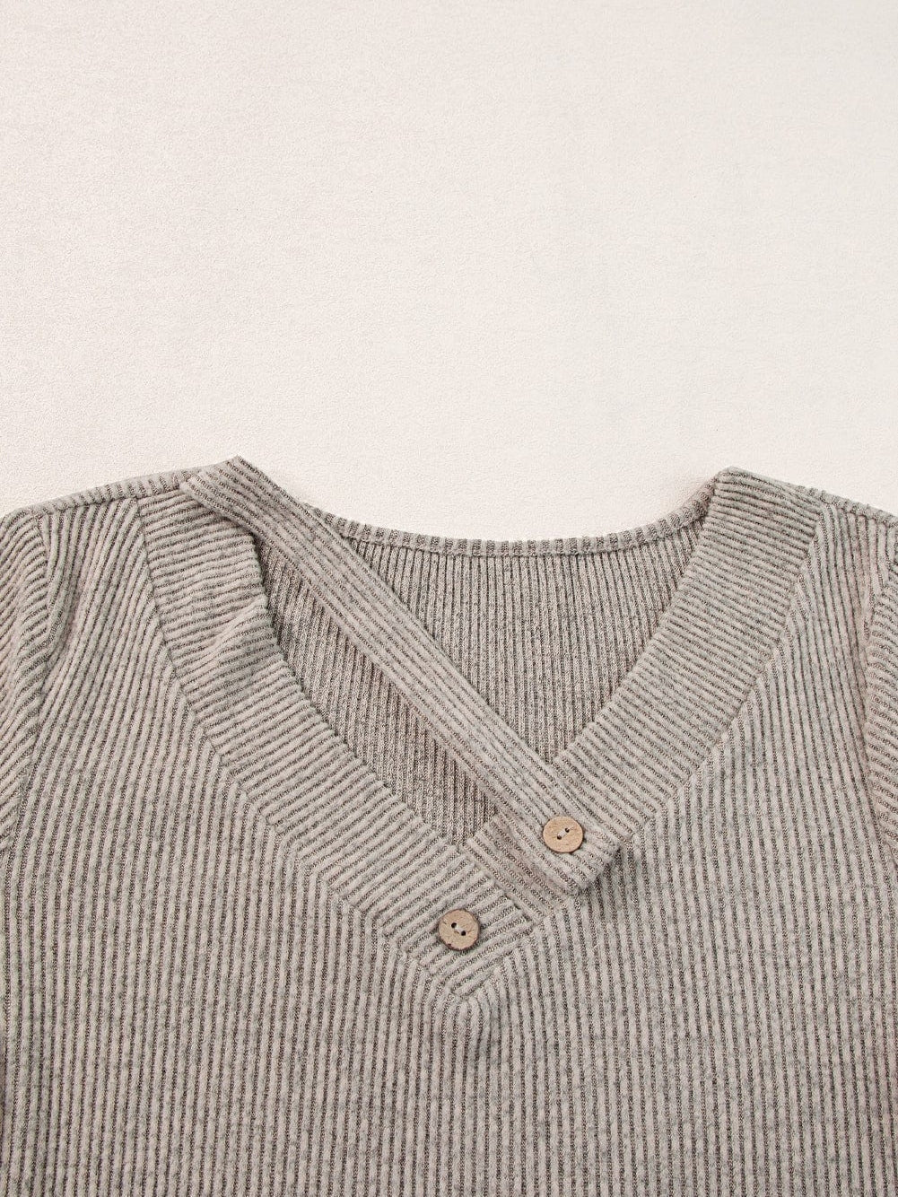 Buttoned V Neck Pale Khaki Ribbed Tee with Straps