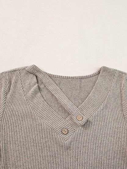 Buttoned V Neck Pale Khaki Ribbed Tee with Straps