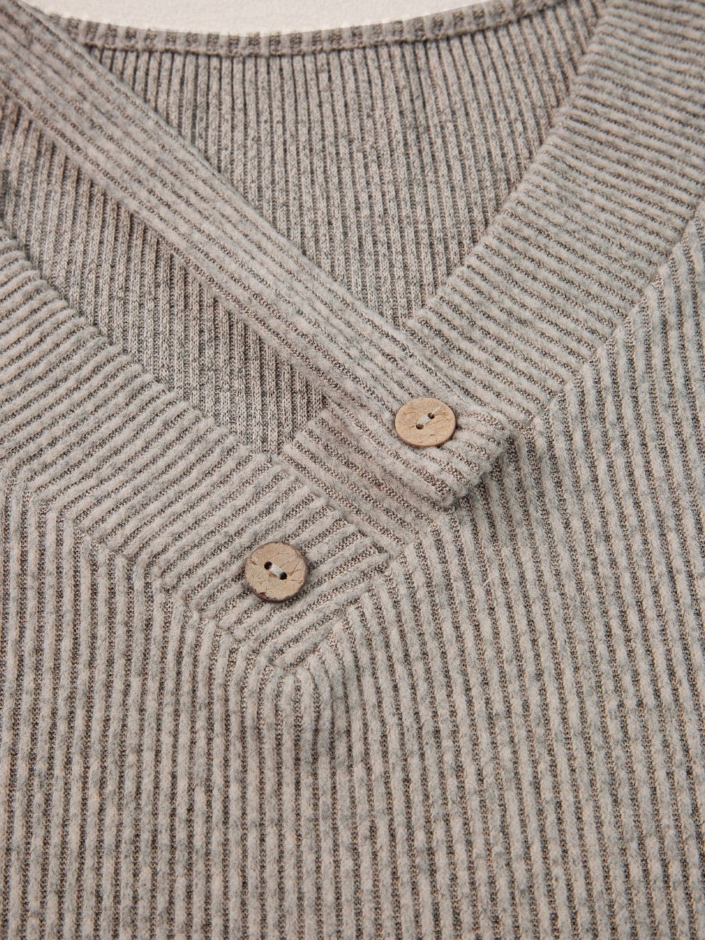 Buttoned V Neck Pale Khaki Ribbed Tee with Straps