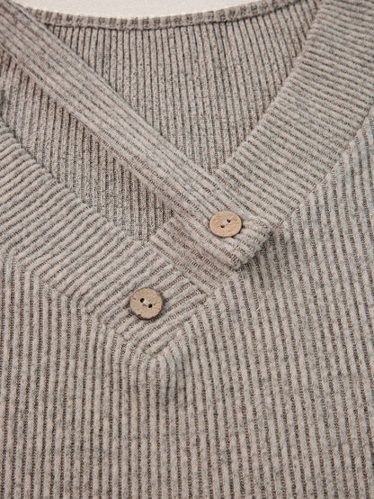 Buttoned V Neck Pale Khaki Ribbed Tee with Straps