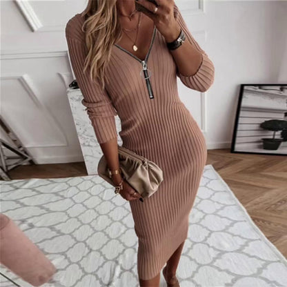 Women's Dress - Sweater Dress Winter Dress Sheath Dress Midi Dress Black khaki White Long Sleeve Pure Color Zipper Winter Fall Deep V Casual Sexy 2022 S M L XL XXL XXXL