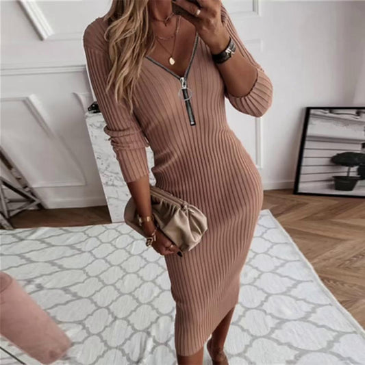 Women's Dress - Sweater Dress Winter Dress Sheath Dress Midi Dress Black khaki White Long Sleeve Pure Color Zipper Winter Fall Deep V Casual Sexy 2022 S M L XL XXL XXXL