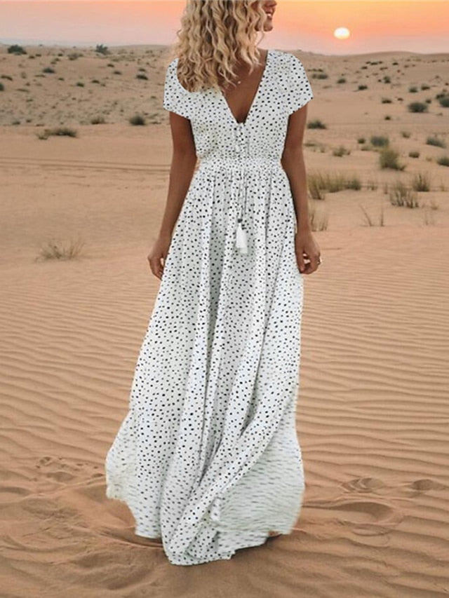 Women's Dress - Casual Dress Swing Dress Boho Dress Long Dress Maxi Dress Light Blue Creamy-white Pink Short Sleeve Polka Dot Print Spring Summer V Neck Slim 2023 S M L XL XXL XXXL