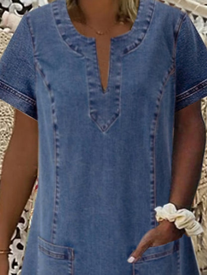 Women's Dress - Denim Dress Casual Dress Midi Dress Denim Sexy Casual Daily Vacation Split Neck Ruched Pocket Short Sleeve Summer Spring 2023 Regular Fit Blue Pure Color S M L XL XXL
