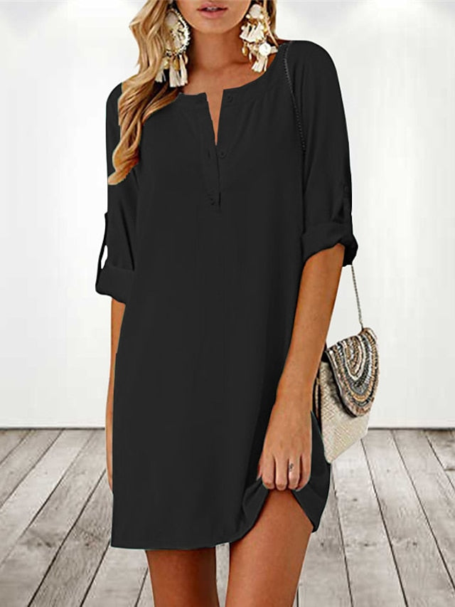 Women's Dress - Cotton Linen Dress T Shirt Dress Tee Dress Shift Dress Mini Dress Linen Cotton Blend Stylish Basic Outdoor Daily Holiday Split Neck Ruched Half Sleeve Summer Spring 2023 Regular Fit Black
