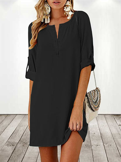 Women's Dress - Cotton Linen Dress T Shirt Dress Tee Dress Shift Dress Mini Dress Linen Cotton Blend Stylish Basic Outdoor Daily Holiday Split Neck Ruched Half Sleeve Summer Spring 2023 Regular Fit Black