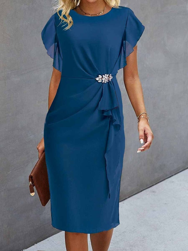 Women's Party Dress Cocktail Dress Midi Chiffon Dress Wine Blue Green Short Sleeve Solid Color Ruffle Crew Neck Evening Party  Vacation Wedding Guest Summer Spring Fall